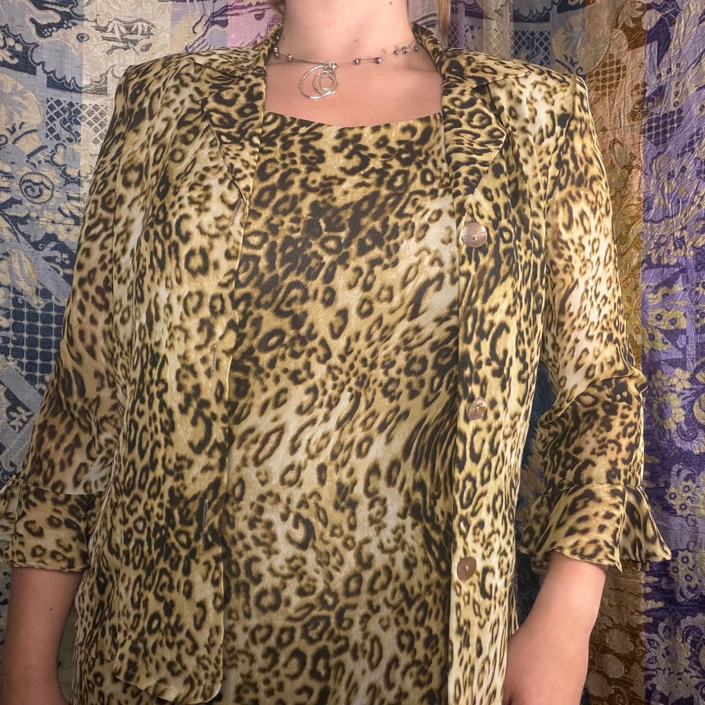 90s Structured Whimsigoth Leopard Print Maxi Dress Bell Sleeve Blouse Set Size M